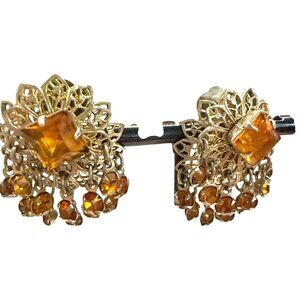 Vintage Dangling Clip-on Earrings Gold Tone Orange Yellow Rhinestones Jewelry
